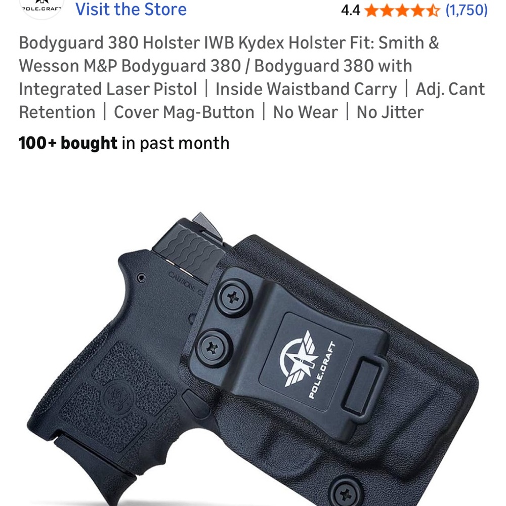 Pole Craft Black Kydex Holster for Bodyguard 380